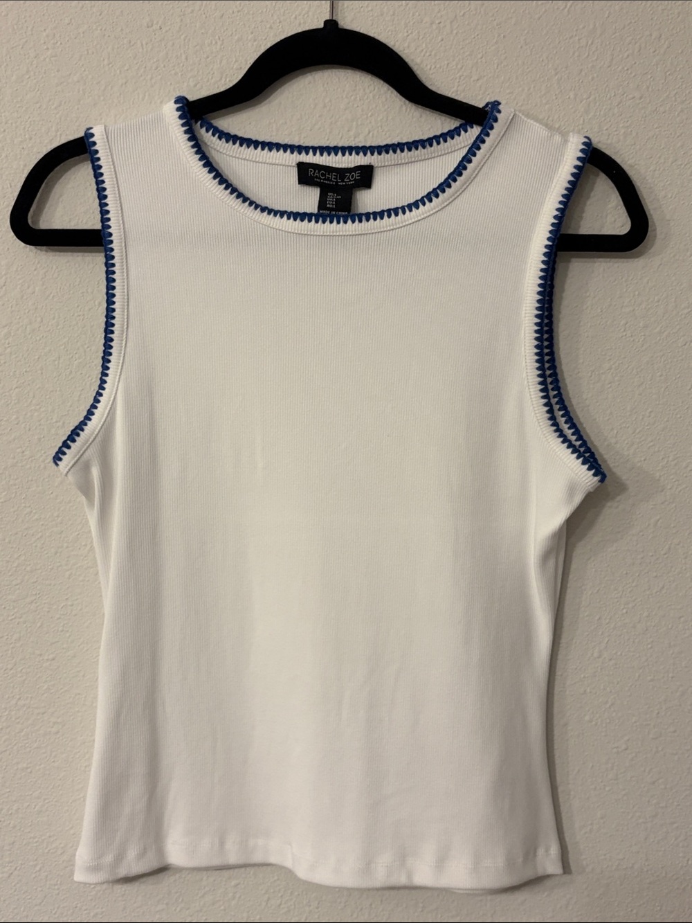Rachel Zoe White Tank with Blue Crochet Trim